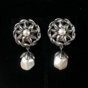 Givenchy Vintage silver plated wheel w/pearl dangle clip-on earrings 2" RARE